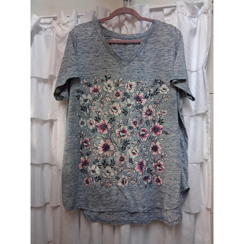 Woman Within Blue Space Dye Floral V-Neck Short Sleeve Tee 1X 22/24 1627